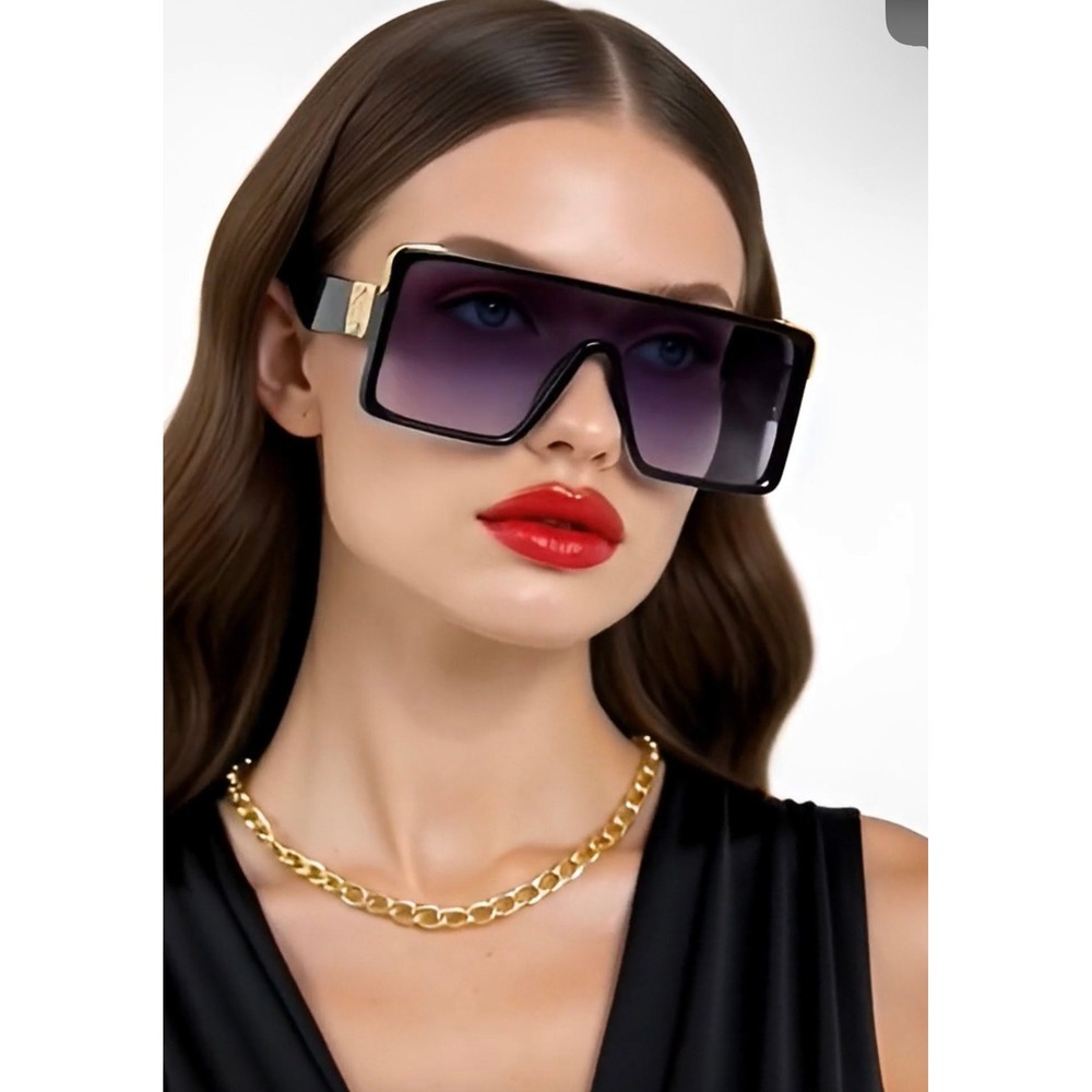 Oversized Sunglasses Women's Fashion Shield Gold Accent Black Frame Lentes Gafas